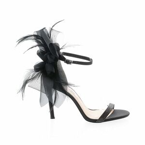 NINA ~ Black Feather Detail Ankle-Strap Stiletto Glitter Peep Toe Sandals